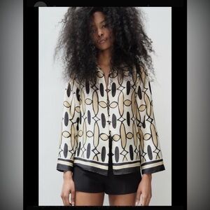 Zara Black and Cream Patterned Blouse